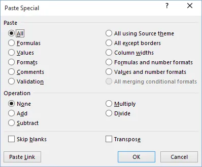 Paste special in Excel 2016