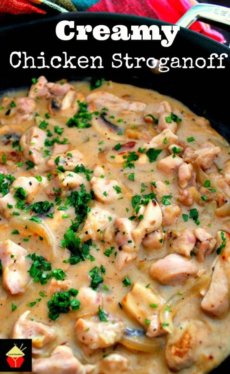 Creamy Chicken Stroganoff is a quick and easy dinner, with delicious strips of chicken and sauteed mushrooms in a creamy sauce using low fat yogurt! | Lovefoodies.com