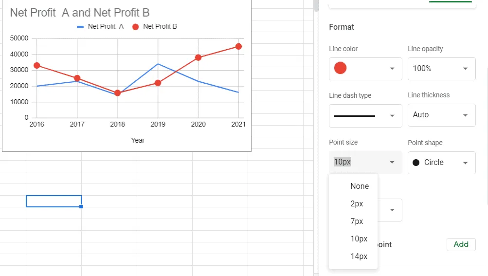 How to add point to a line graph in google sheets