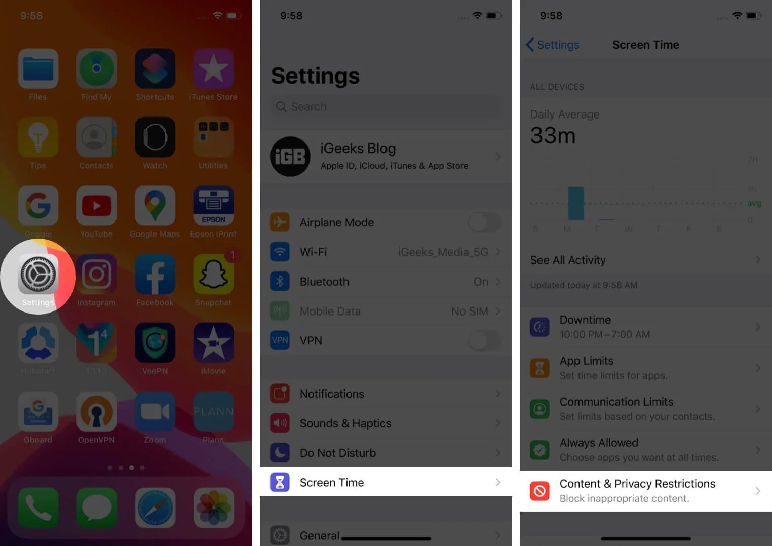 open settings tap on screen time and then tap on content & privacy restrictions on iphone