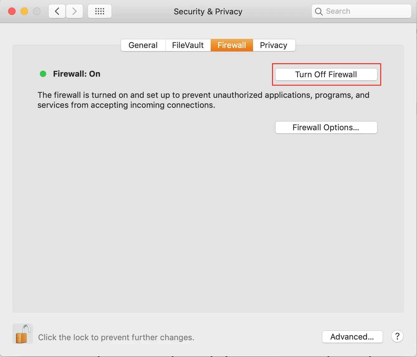 turn off firewall in system preferences security settings