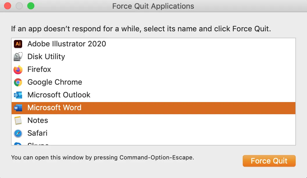 use force quit menu to quit word