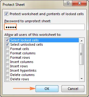 Type the password to protect the sheet, and select the actions you want to allow your users to perform.